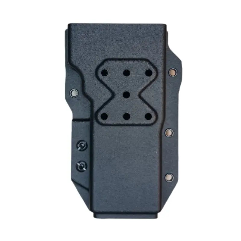 Black plastic holster for Motorola XTS 5000 with screw holes and geometric pattern