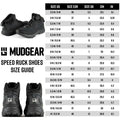 Black tactical boots with size guide for MudGear Speed Ruck featuring full-length rock plate