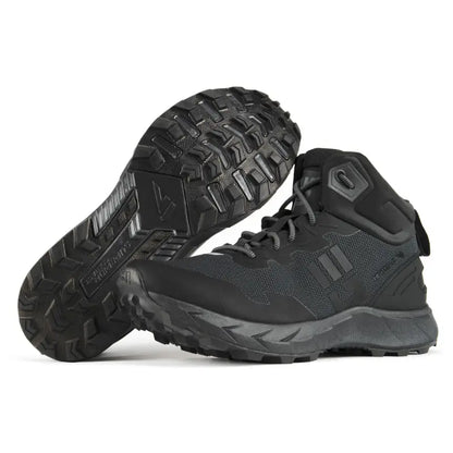 Black hiking boots with rugged treaded soles for MudGear Speed Ruck and rucking world champion