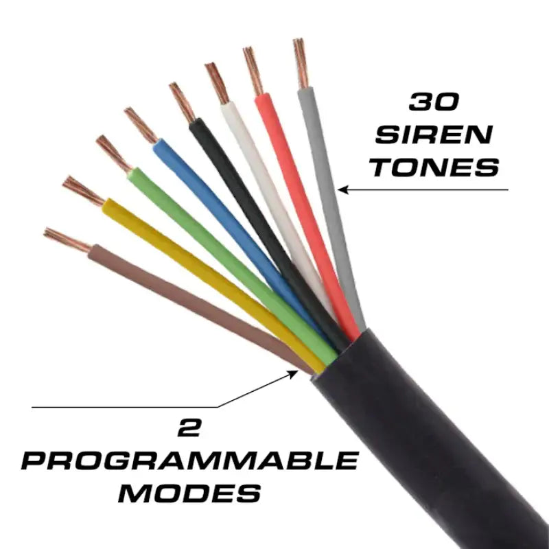Multi-colored electrical cable for Feniex Titan 30W Siren showcasing great fit and compact size