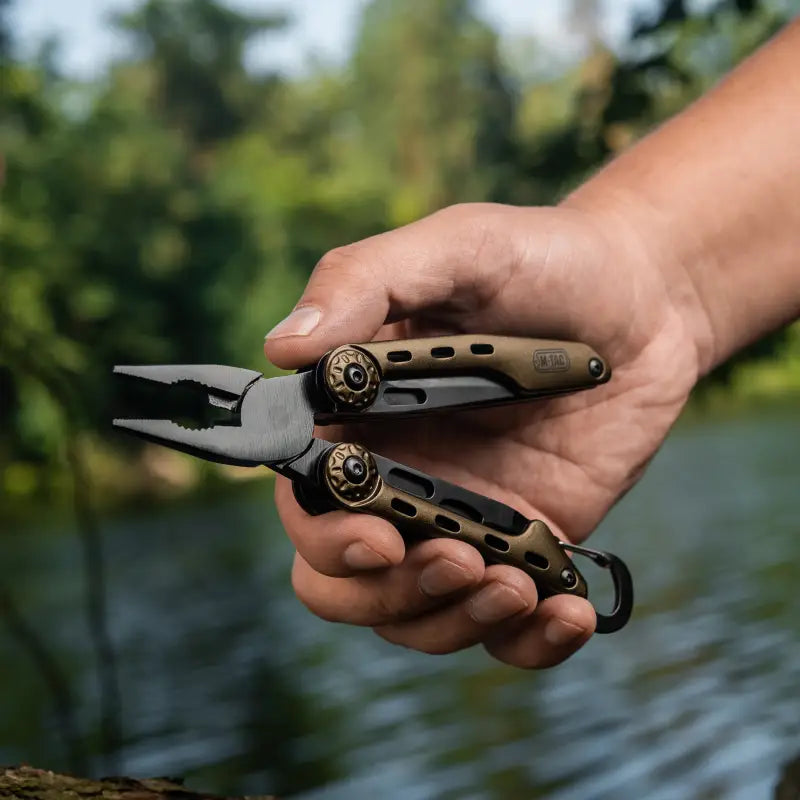 Multi-tool pliers with brass accents and folding handle design, M-Tac Multitool Type 5 Olive