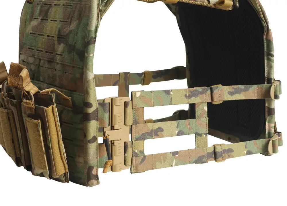 Multicam camouflage body armor with MOLLE webbing and magazine pouches, large size, Redemption Tactical