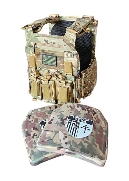 Multicam body armor with matching Level IV ballistic plates from Redemption Tactical, large size