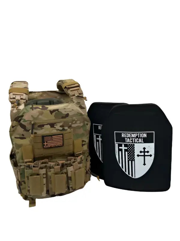 Multicam body armor with black Level IV plates from Redemption Tactical in large size
