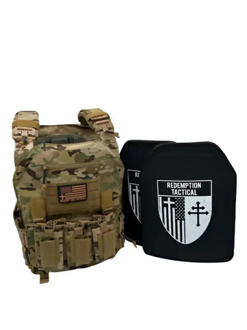 Multicam body armor with black Level IV plates from Redemption Tactical in large size