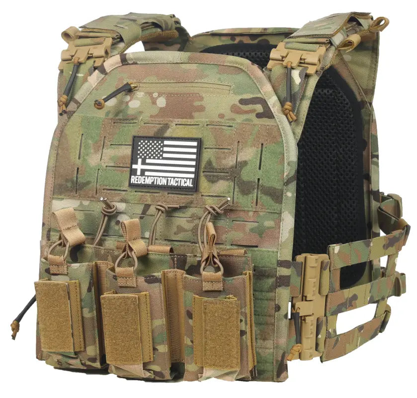 Multicam tactical vest with integrated magazine pouches for large size body armor by Redemption Tactical