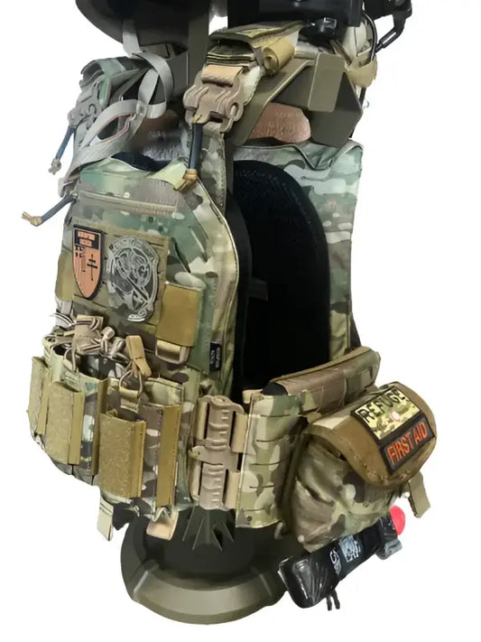 Multicam tactical vest with pouches and patches from Crusader 2.0 body armor and medical kit