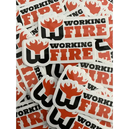 Multiple overlapping stickers with Working Fire logo for first responders in red and black