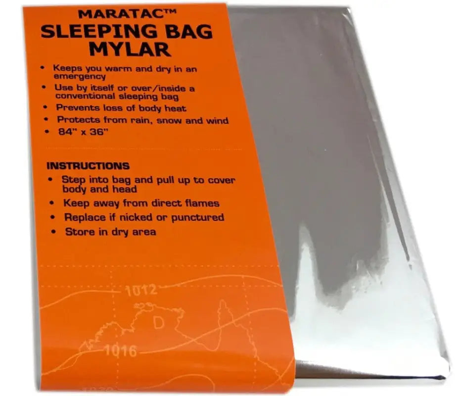 Mylar emergency sleeping bag with orange packaging for body heat and warmth