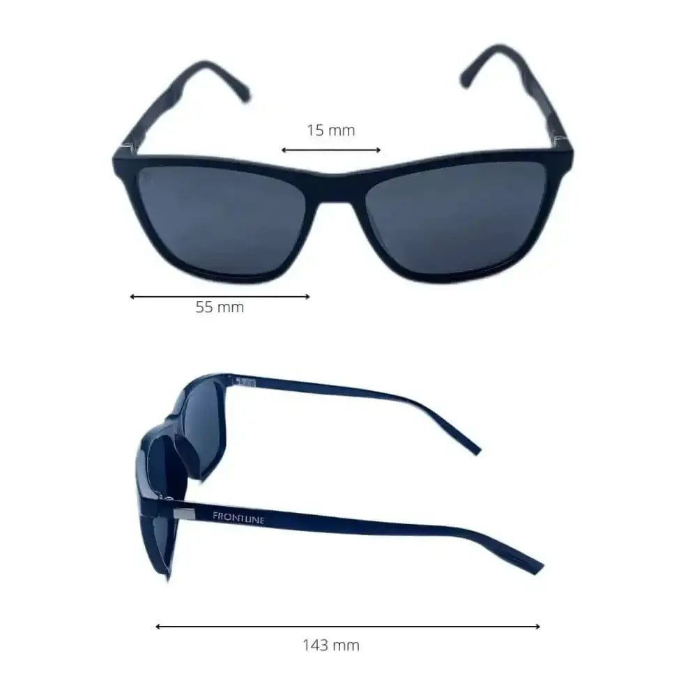 Black NADO wayfarer-style sunglasses with lens and frame measurements shown