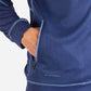 Navy blue men’s scrub jacket featuring contrast stitching and zippered pocket