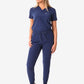 Navy blue athletic jumpsuit showcasing Women’s Tuckable One-Pocket Scrub Top design