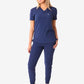 Navy blue athletic outfit featuring Women’s Tuckable One-Pocket Scrub Top and jogger pants