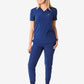 Navy blue women’s tuckable one-pocket scrub top with matching jogger pants outfit