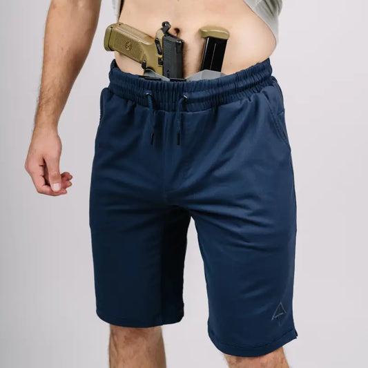 Navy Blue Carrier Shorts featuring patented carrier retention waistband for concealed carry