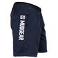 Navy blue men’s freestyle running shorts with MUDGEAR text printed vertically