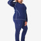 Navy blue women’s scrub jacket with white contrast stitching for athletic wear