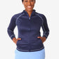 Navy blue women’s scrub jacket with contrast stitching for a stylish athletic look