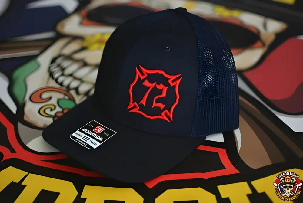 Navy blue Custom Richardson cap with red Maltese Cross and puff embroidery logo