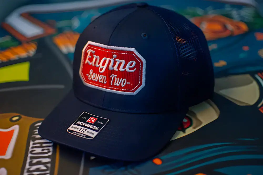 Navy blue Custom Hat-Richardson 112 with red Engine Seven Two script text patch