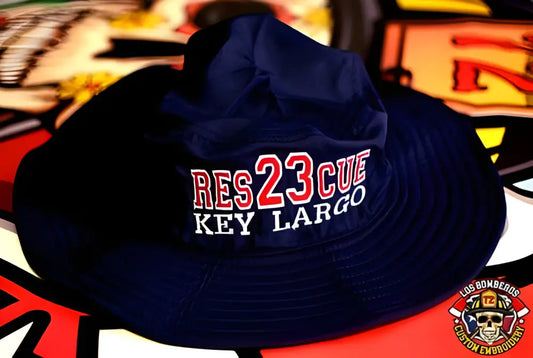 Navy blue game boonie bucket hat with RES23CUE KEY LARGO and station number embroidery