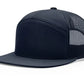 Navy blue flat-brimmed trucker hat with leather patch for first responders and firefighters