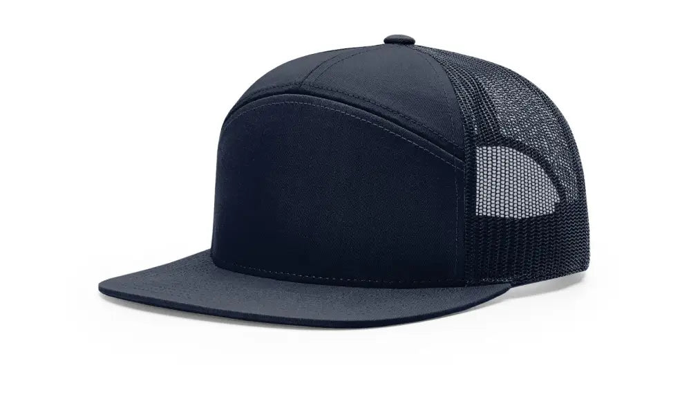 Navy blue flat-brimmed trucker hat with leather patch for first responders and firefighters