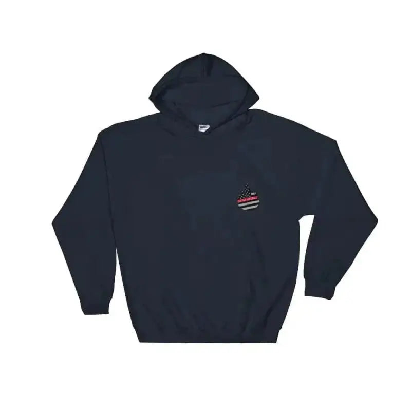 Navy blue hoodie with American flag emblem for first responders and sports enthusiasts