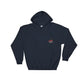 Navy blue dog hoodie with American flag emblem and athletic rib knit detailing