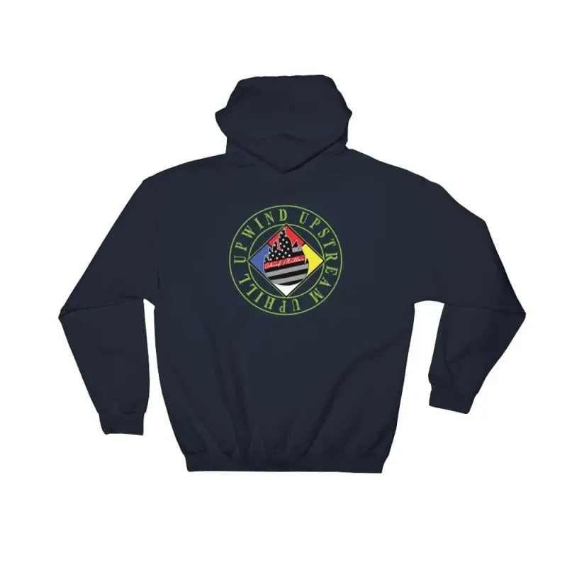 Navy blue Chief Miller Hazmat hoodie with a circular patriotic logo design