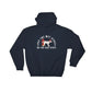 Navy blue Fire Dog hoodie with red graphic and white text, featuring double-needle stitching