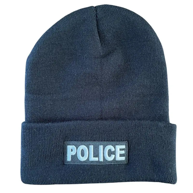 Navy blue knit Equinoxx Police Beanie with POLICE text patch on the front