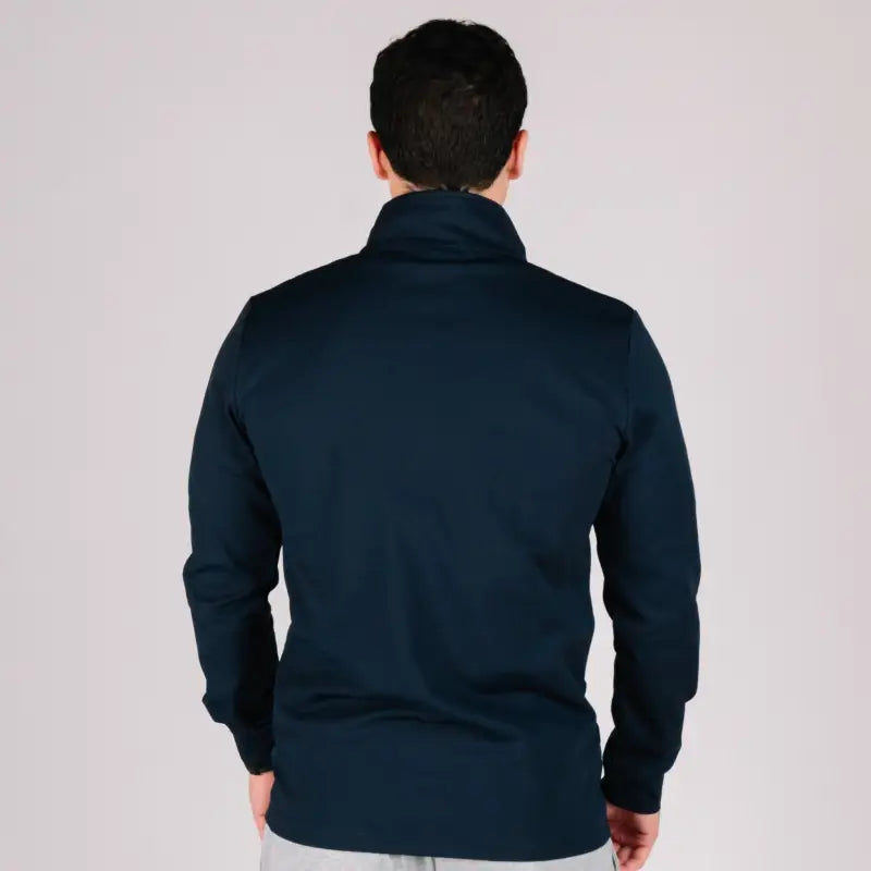 Navy blue long-sleeved collared shirt featuring a durable quarter zip for versatile style