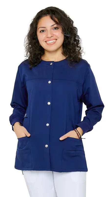 Navy blue women’s snap jacket warm with snap buttons and ribbed sleeves for medical use