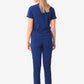 Navy blue women’s stash-pocket scrub uniform with short sleeves and full-length pants