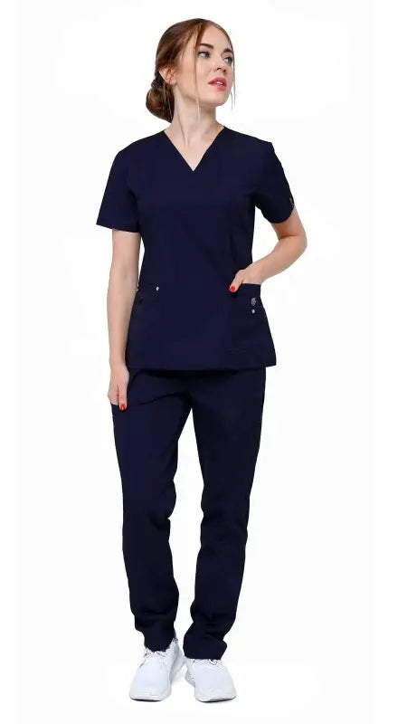 Navy blue Women’s 11 Pocket Stretch Slim Fit Uniform Scrubs Style ST408 with v-neck top