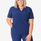 Navy blue women’s stash-pocket scrub uniform with v-neck top and matching pants