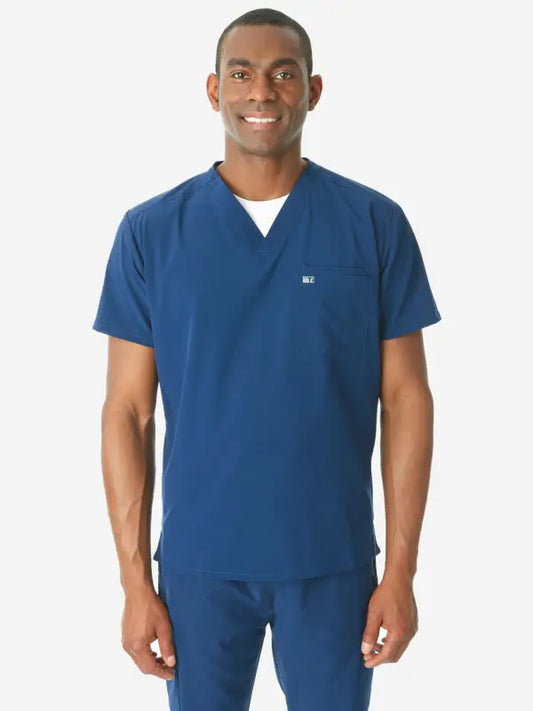 Navy blue men’s short-sleeve underscrub top with V-neck design for comfort and style