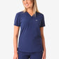 Navy blue women’s tuckable one-pocket scrub top with V-neck design