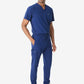 Navy blue men’s double-pocket scrub uniform with v-neck top and jogger pants