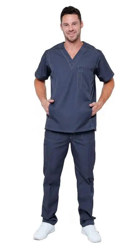 Navy blue Men’s Multi Pocket Utility Medical Scrubs with v-neck top and matching pants