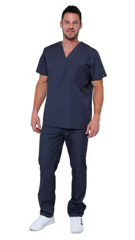 Navy blue classic uniform scrubs with v-neck top and matching pants for men