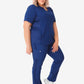 Women’s Stash-Pocket Scrub Top in navy blue paired with matching pants and white sneakers