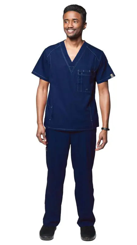 Navy blue utility medical scrubs with v-neck top and multi pocket pants for men