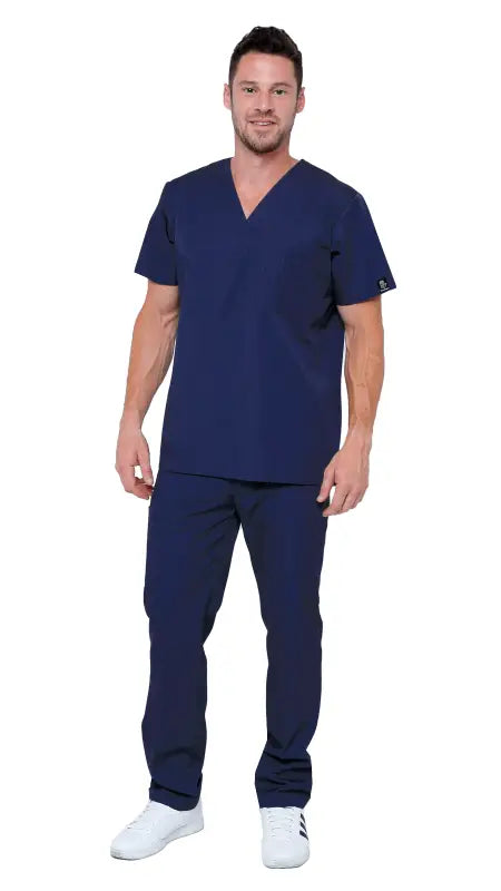 Navy blue Style ST101 pocket soft stretch uniform scrubs with v-neck top and pants