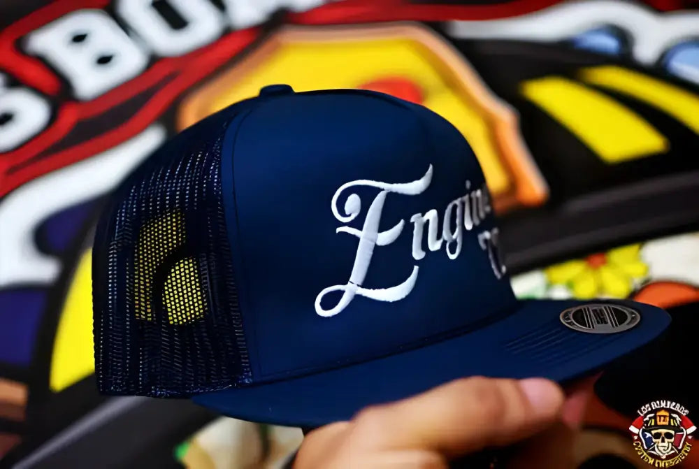 Navy blue retro trucker cap with exquisite embroidery of Engine script on Custom-YP Classic