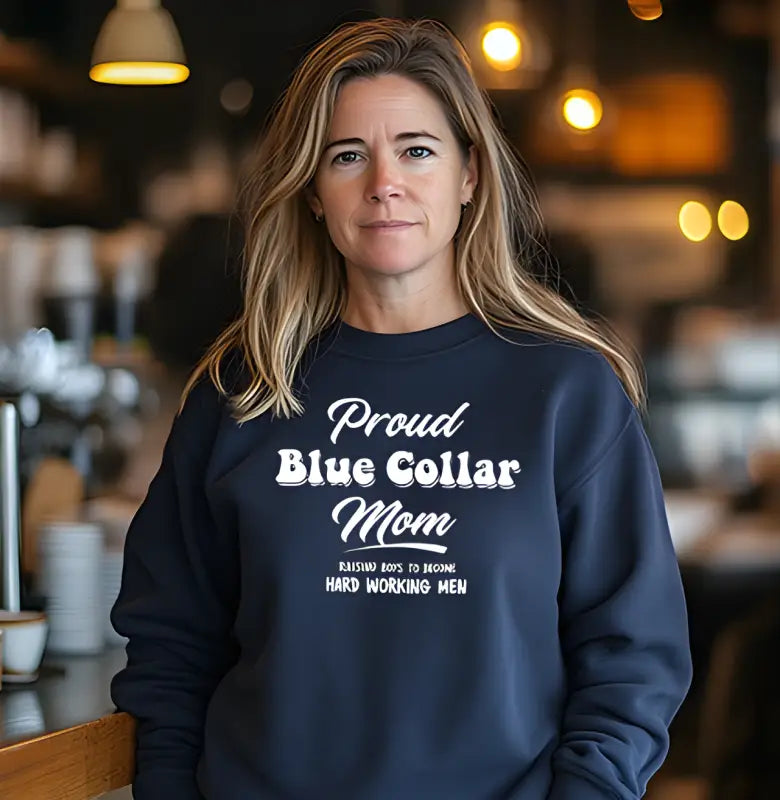 Navy blue Proud Blue Collar Mom sweatshirt featuring classic unisex fit design