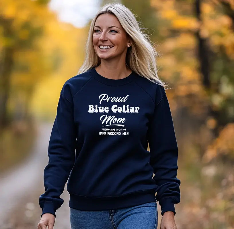 Navy blue Proud Blue Collar Mom sweatshirt with classic unisex fit for comfortable wear