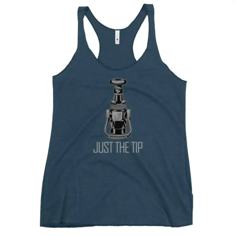 Navy blue racerback tank top with JUST THE TIP text and wine bottle opener graphic