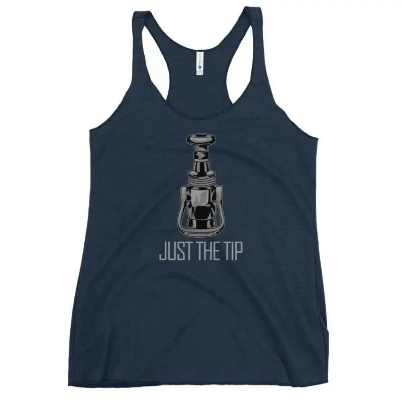 Navy blue racerback tank top with JUST THE TIP text and robot graphic for women